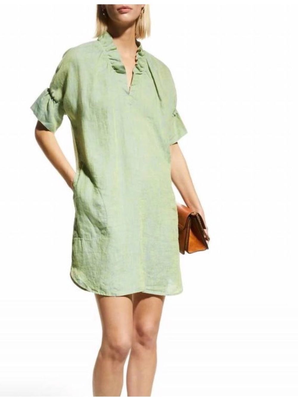 Finley Crosby Linen V-Neck Shift Mini Dress in Green/Blue Marled size Small